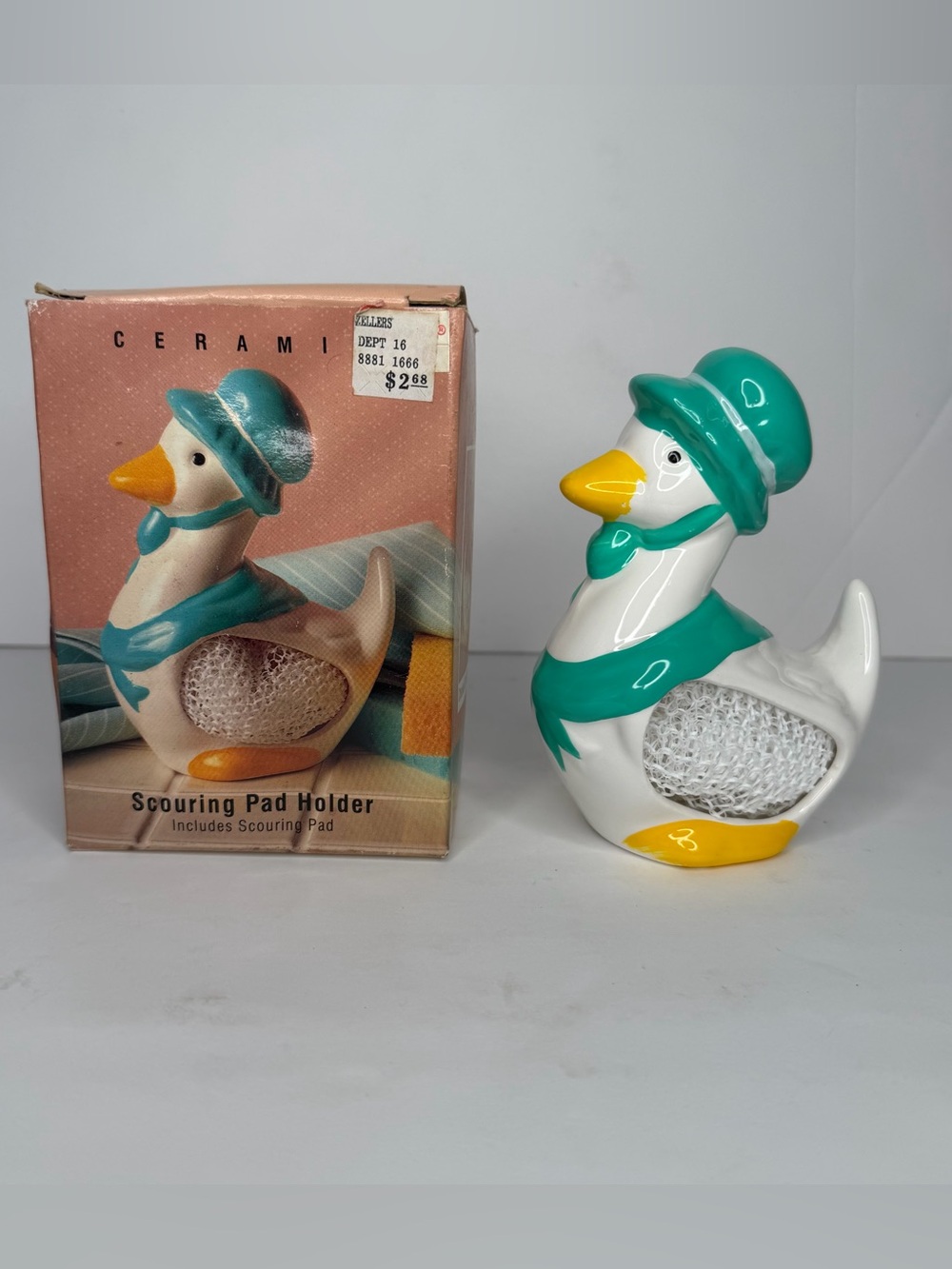 Vintage Mount Clemens Pottery Ceramic Duck Goose Scouring Pad Holder with Sponge
